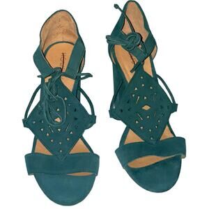 Anthropologie Howsty Godiva Leather Laser Cut Green Suede Heeled Sandals size 39